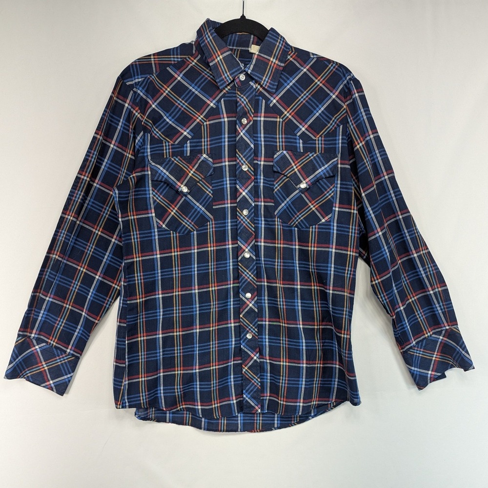 Bronco Western Cut Plaid Long‎ Sleeve Pearl Snap Shirt Men Size 15 1/2 x 33